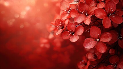 Vivid red flowers in full bloom, bathed in soft light against a blurred, warm background