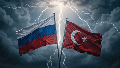 Turbulent relations russia and turkey flags under dark stormy skies political tensions global environment dramatic viewpoint