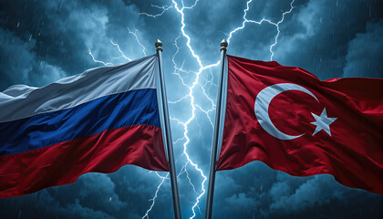 Lightning strikes as russia and turkey flags unite in tension dramatic sky political event global affairs tension concept