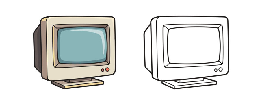 Old retro-style CRT computer monitor illustration in cartoon and outline styles with beige case and blue screen representing vintage technology device