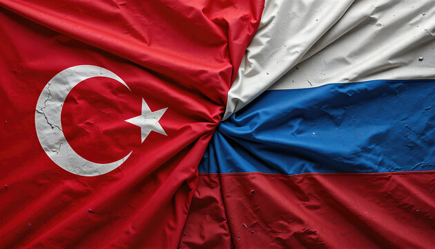 Turkish and russian flag fusion political symbolism international relations abstract art close-up view cultural unity