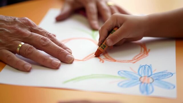 Close up of child drawing orange infinity shape with crayon on white paper next to adult hand, showcasing creativity, learning and fun on orange table.