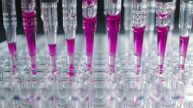 Macro shot of pipettes dispensing purple liquid into the wells of a 96 well plate, essential for medical testing and scientific research in laboratories.