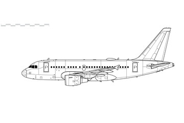 Airbus A318 PW6000. Vector drawing of narrow body jet airliner. Side view. Image for illustration and infographics.