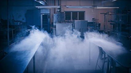 Industrial medium shot of steam heat sanitization in a laboratory setting demonstrating the use of high temperatures to disinfect tools and maintain safety.