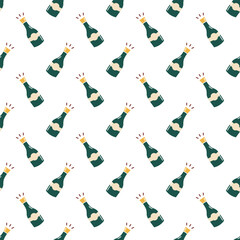 Seamless pattern with champagne bottles for festive celebration. Vector holiday background. 