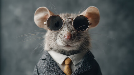 A dapper rat in a tailored suit and round sunglasses stands before a muted studio backdrop, chic. bold