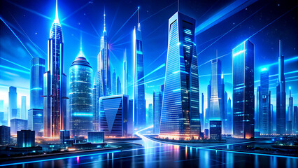 Futuristic cityscape at night glowing with neon blue lights reflecting in the water