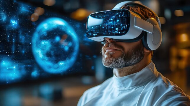 Man wearing a headset experiencing virtual reality, with an immersive digital environment in the background