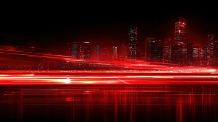 Red light trails streak across a dark cityscape, reflecting on water below, futuristic vibe