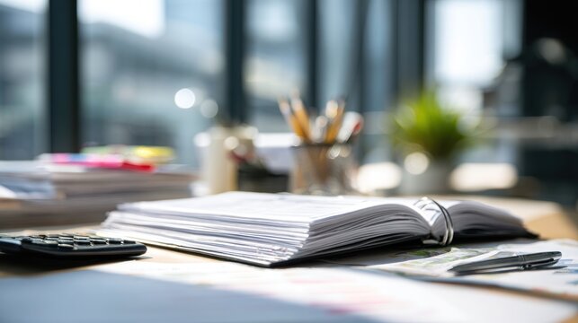 Desk Organization with Stacked Papers, Stationary and Office Background Scene - Powered by Adobe