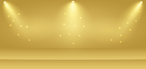 Empty Gold 3D Studio Stage Background with Three Spotlights and Bokeh Effect.