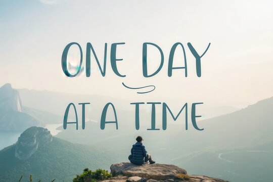 Person sitting on a rock with motivational text outdoors