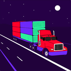 American Semi Truck on Night Highway: Vector Illustration