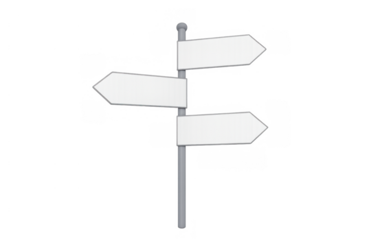 White blank signpost with multiple arrows pointing different directions, representing choice, decision, and future path - Powered by Adobe