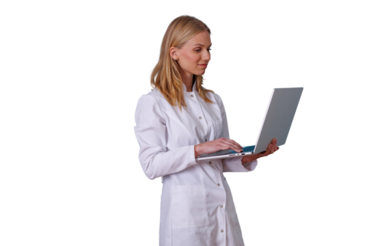 Female doctor or medical professional using laptop for healthcare research, telemedicine, or digital diagnostics with transparent background