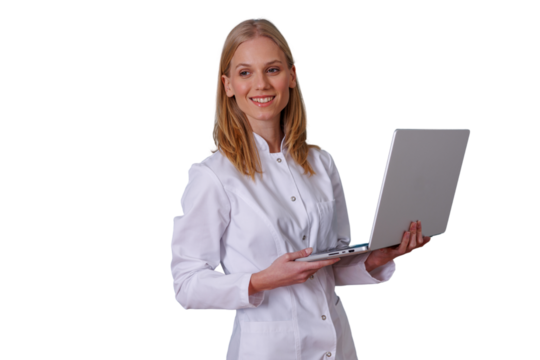 Female doctor smiling while holding laptop, providing telemedicine and digital healthcare solutions, transparent background