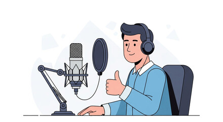 Man recording podcast with microphone in studio