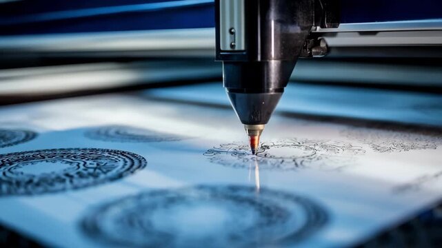 Closeup of precision lasercutting machine shaping detailed templates for stencil art showcasing modern technology in design.