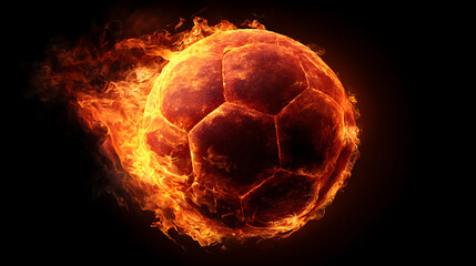 A fiery soccer ball erupts in bright orange flames, glowing embers against a dark background, night