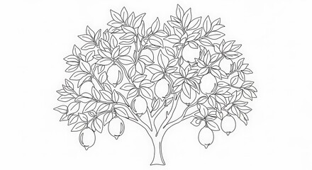 Obraz premium Lemon Tree Illustration - Detailed Outline for Coloring and Design.