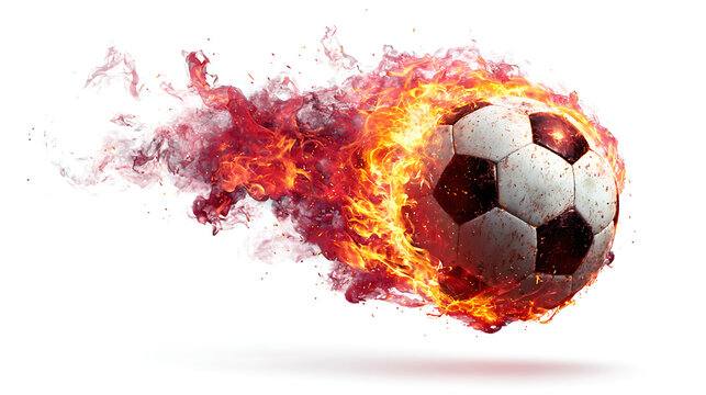 A dynamic soccer ball bursts into orange-red flames with trailing smoke and motion with fiery glow!!!