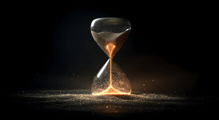 Hourglass measures time with golden sand flowing in dark setting, symbolizing fleeting moments and the preciousness of time in dramatic light.