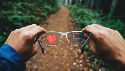 Smart Glasses with Heartbeat Display in forest run – Digital Health and Wellbeing Concept