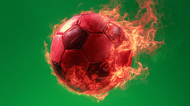 A red soccer ball engulfed in orange flames against a vivid green background, dynamic motion. right! - Powered by Adobe