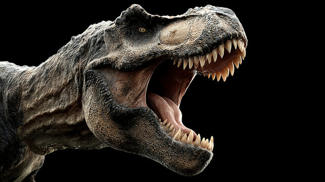Close-up of a roaring Tyrannosaurus head with open jaws, sharp teeth, rugged scales, black backdrop