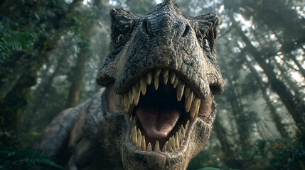 Close-up of a roaring prehistoric dinosaur in a foggy forest, with sharp teeth and rugged scales