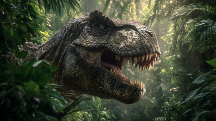 Fototapeta premium A ferocious CGI theropod head bursts from dense jungle jaws open, teeth gleaming toward camera, now