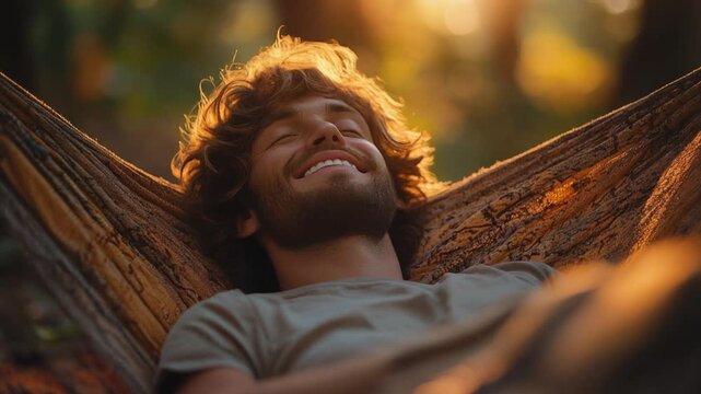 Relaxed young man napping in a hammock during golden hour - Powered by Adobe