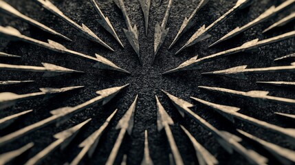 Various metallic arrows coming from different directions converging at a central point against a black background, symbolizing alignment and focus through teamwork