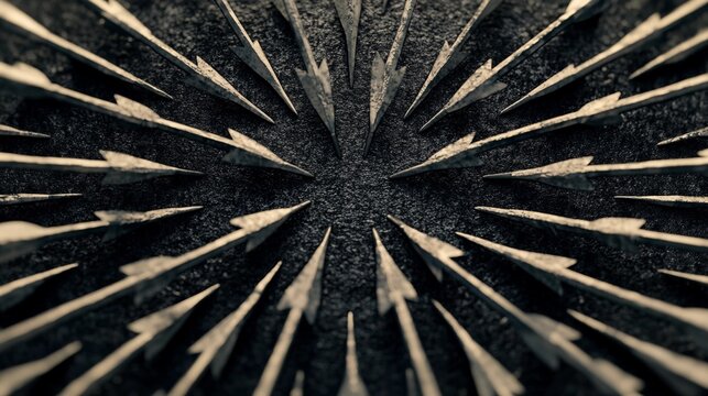 Various metallic arrows coming from different directions converging at a central point against a black background, symbolizing alignment and focus through teamwork