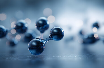Hydrogen molecule structure shown in laboratory with blue spheres connected on reflective surface, representing scientific research and innovation.