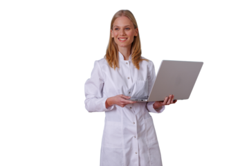 Female doctor holding laptop, smiling, showing professional confidence in healthcare technology, transparent background