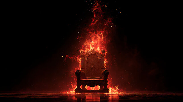 A burning throne rests on a reflective surface, flames rising against a dark, empty backdrop clouds - Powered by Adobe