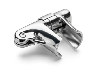 Polished metal clip mechanism component rests against a plain white background