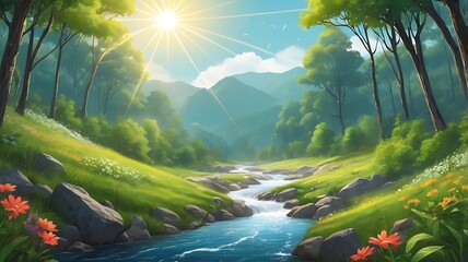 Sunny mountain valley scene with a babbling brook. Lush greenery, vibrant colors, and a cheerful atmosphere
