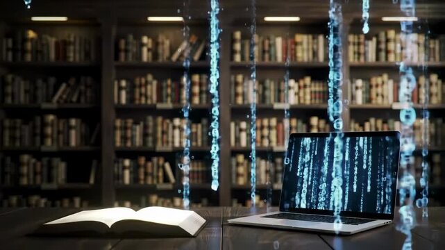 A glowing digital data stream flows above an open book and laptop set against a blurred library bookshelf backdrop, illuminated by warm lighting for a thematic academic scene.
