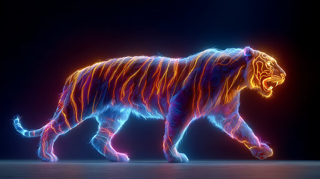 A neon-glow tiger silhouette with vivid blue and orange outlines strides across a dark stage at night