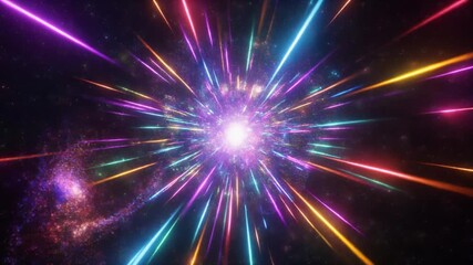 Vibrant neon light streaks zoom through a colorful cosmic nebula - Powered by Adobe