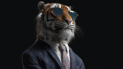 Anthropomorphic tiger wearing a tailored suit and sunglasses posed against a dark studio backdrop...
