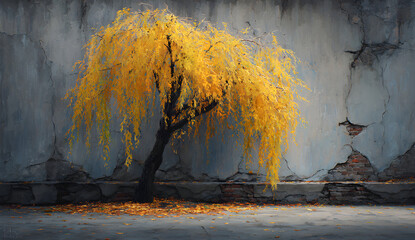 Golden willow tree stands gracefully against weathered wall in urban park, casting long shadows and evoking peaceful autumn mood.