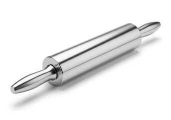 Polished metal utensil for flattening dough rests diagonally on a pure white background