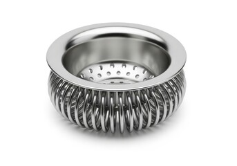 Polished metal kitchen drain strainer features coiled wire sides and perforated base against a white background