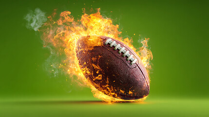 A football ablaze, flames hot curling around it on a vivid green background, dramatic and cinematic