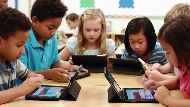 A group of diverse elementary students are intently using tablets at a light wood table in a naturally lit classroom setting for collaborative learning. - Powered by Adobe