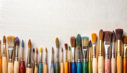 Row of colorful paintbrushes on white surface
